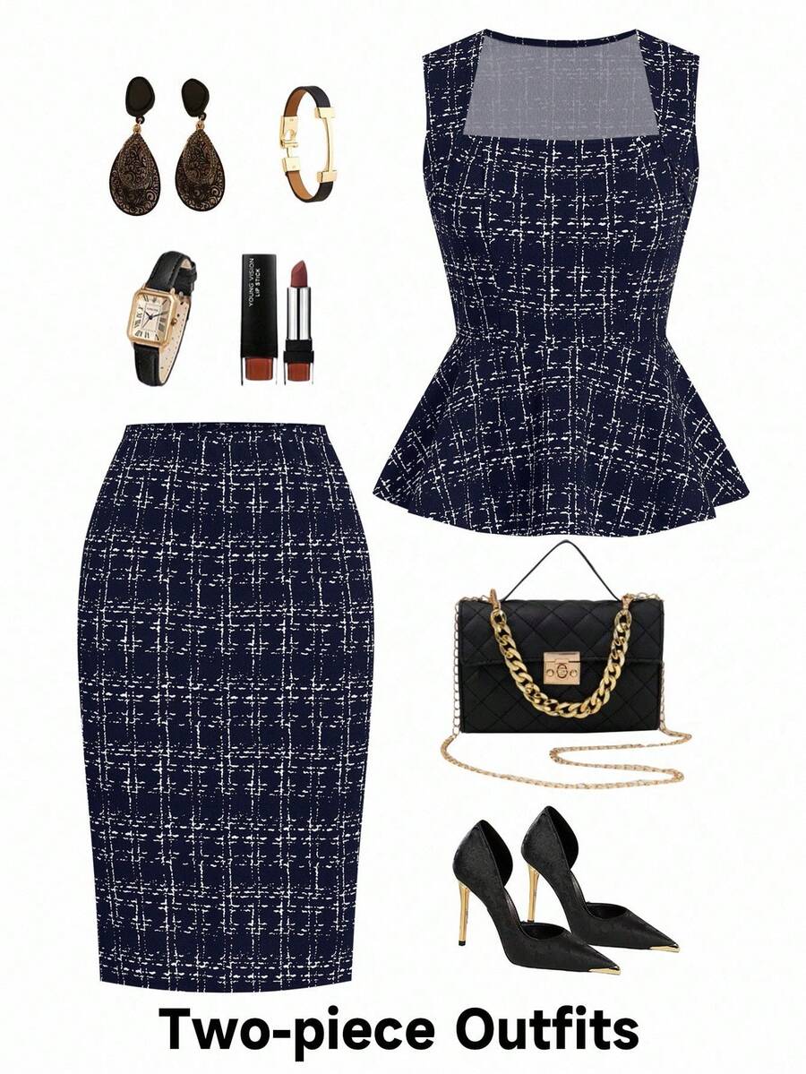 Ellevyn 女士优雅黑色西装，商务/通勤法式百搭格子衬衫和裙子两件套 - 藏蓝色 - 查看 1