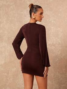 Lumalex Fall Winter Plunging Neck Waist Cinched Metal Decor Flounce Long Sleeve Shiny Fabric Bodycon Mini Dress For Women Eleganza Glamour Elegant New Style Women Luxury Prom Gathering Party Banquet Modest Old Money Coquette Glitter Holiday Party Rave Festival Outing Vacation Hot Outdoor Richly Layered Wedding Season Banquet Christmas New Year Chocolate Brown Dress Long Sleeve Elegant Dress Dark Brown Dress Coffee Brown Dress