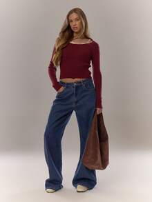 MUSERA Ribbed Knit Layered Lace Trim Long Sleeve Sweater Top Winter Cute Casual Cosy Winter - Burgundy - View 3