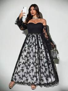 Viva Relle Váy dự tiệc nhẹ mùa xuân/thu cỡ lớn dành cho nữ, ren gợi cảm, dự tiệc cưới, váy trễ vai không dây bồng bềnh - Nhiều màu - Xem 1