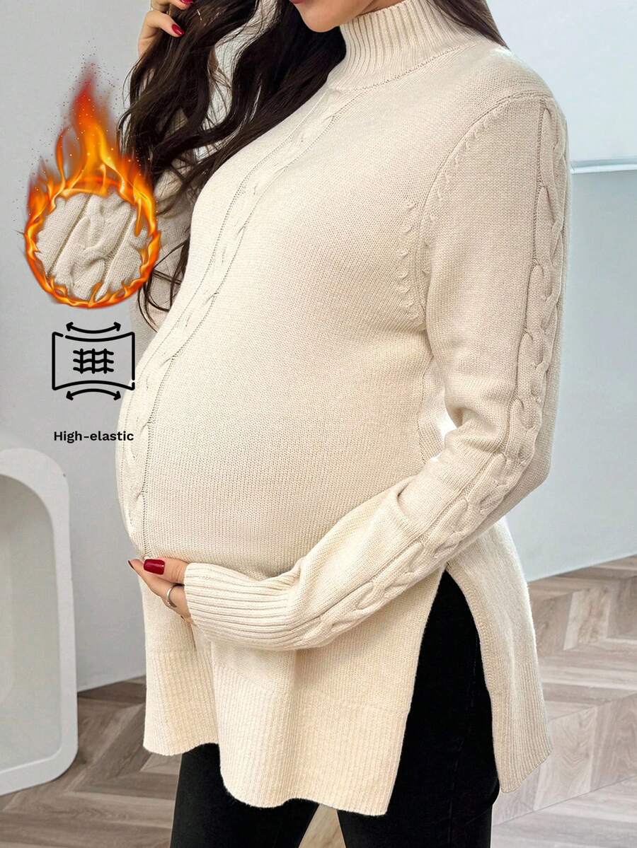 SHEIN 孕妇纯色高领长袖开衩休闲套头衫 - 卡其色 - 查看 1