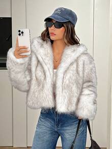 SHEIN PETITE Women Fashion Fluffy Faux Fur Coat In Fall/Winter - White - View 4