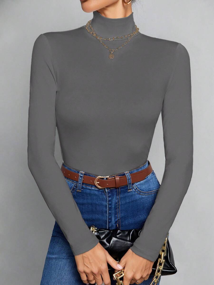 SHEIN Tall 簡約純色修身高領白色上衣,適合秋冬穿著,女款秋季衣著,適合高個子女性 - 灰色 - 查看 1