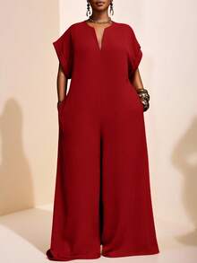 Veslaya 2025年新款复古优雅巧克力色V领短袖阔腿连体裤，大码女装，夏季 - 紅色 - 查看 12