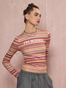 COUREZ Slogan Long Sleeve Stripe Top , Y2K Fall Winter For Women Going Out Tops Graphic T-Shirt Casual Multicolor Striped Top