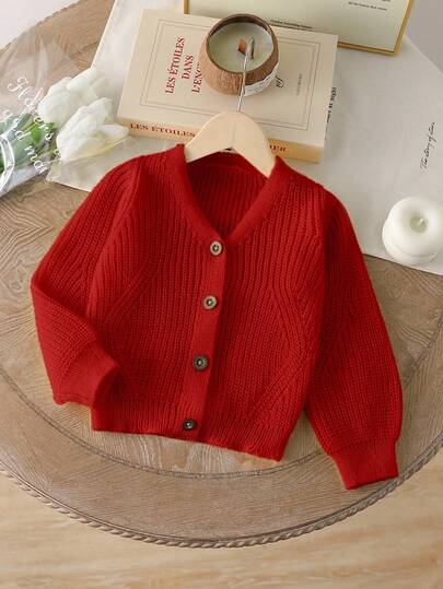 SHEIN 小女孩和幼儿女孩开衫，米色，白色，浅黄色，杏色，舒适创意针织纹理，简约V领，灯笼袖，罗纹袖口，时尚，百搭，轻盈，适合春夏季，优雅，可爱，新品，适合休闲，上学，外出，毛衣，针织开衫