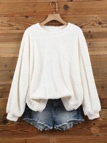 SHEIN LUNE Sweatshirt Wanita Kasual Minimalis Warna Putih Bahan Fleece Lembut Dua Sisi, Cocok untuk Musim Gugur/Dingin - MultiWarna - View 10