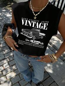 SHEIN Essnce Áo crop top cổ tròn không tay họa tiết xe hơi cổ điển dành cho nữ, phù hợp cho mùa hè - màu đen - Xem 5