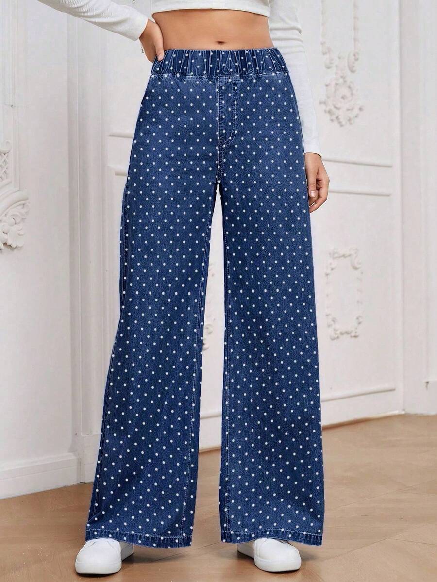 EMERY ROSE Women's Casual Polka Dot Print Wide Leg Jeans, Christmas - Blue - View 1