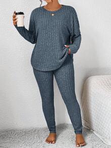 SHEIN Frenchy Plus Size Solid Color Crew Neck Ribbed Long Sleeve Top And Pants Casual 2-Piece Set/Winter - Blue - View 6