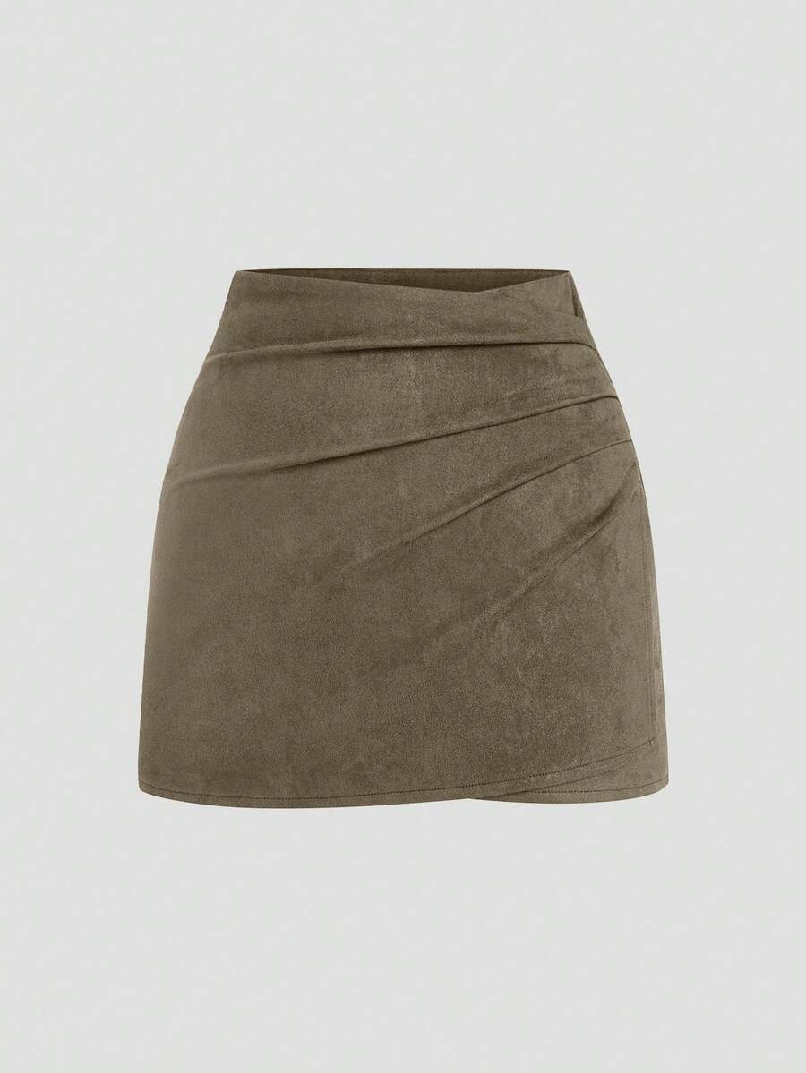 Sweetra Plus Size Pleated Asymmetric Zipper Decor Faux Suede Short Skirt, Minimalist Commuter Style, Autumn/Winter - Grey - View 1