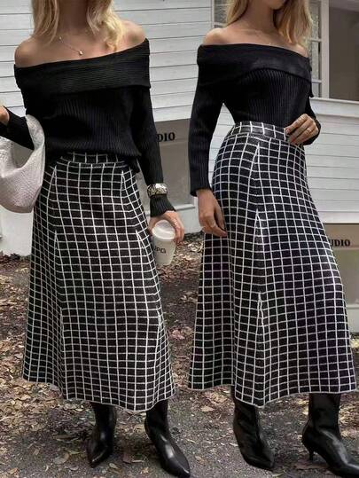 Elyressa Women's High Waist Plaid Long Casual Knitted Skirt, Autumn/Winter