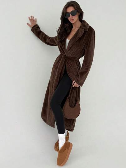 Aloruh Women's Winter Solid Color Lapel Neck Long Sleeve Pocket Belt Design Faux Fur Coat Fall Fall For Women All Women Fall For Women Fall Autumn Women's Fall Women's Coat Chic Autumn Winter For Women Winter For Women Winter Winter Women Winter Winter For Women Winter Coat Women Brown Woolen Long Coat Is Warm And Thick, Suitable For All-Match Autumn And Winter