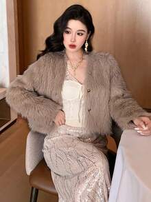 DAZY Women's Elegant Solid Color Cropped Jacket, Autumn/Winter - Camel - View 6