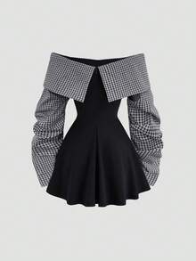 Sweetra Women's Autumn/Winter Collegiate Style Minimalist Bardot Ruched Waist Contrast Color Mini Dress, Figure-Flattering