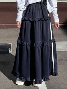 FRIFUL 女士撞色弹力腰荷叶边侧条纹设计喇叭下摆宽松休闲百搭A字半身裙，秋冬款 - 藏蓝色 - 查看 3