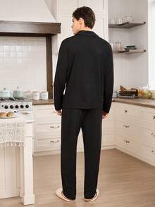 CoupledUp Soft & Comfortable Button Top & Pants Casual Loungewear Pajama Set For Men, Fall Winter Clothes - Black - View 3