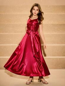 青少年女孩优雅迷人红色缎面 V 领束腰可爱蝴蝶结荷叶边下摆连衣裙，正式礼服 - 紅色 - 查看 4