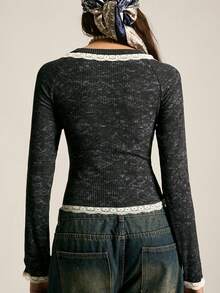 SoleilVie 女士圆领插肩袖蕾丝花边拼接优雅T恤 - 黑色 - 查看 5