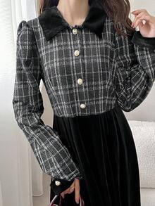 FRIFUL 女式优雅格子拼布纽扣连衣裙，秋季 - 黑色 - 查看 5