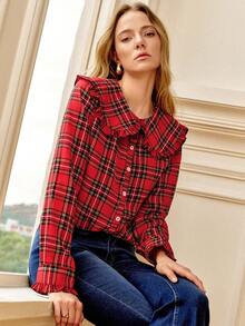 Écloséra Quần áo nữ Thu/Đông 2025 Áo sơ mi nữ cổ Peter Pan kẻ caro đỏ xanh phong cách Pháp cổ điển mới, cài nút đơn, có thể mặc làm áo khoác ngoài hoặc áo lót, áo sơ mi nữ thoải mái mọi kiểu dáng cho dịp Giáng sinh, bộ sưu tập Thu/Đông cho nữ, quần áo nữ Thu/Đông, quần áo nữ Giáng sinh cho nữ, quần áo năm mới, áo sơ mi nữ - Đỏ - Xem 3