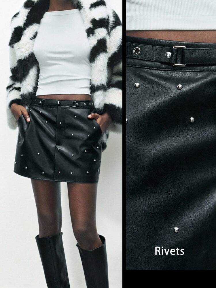 SHEIN Maija 2025年 レディースファッション パール装飾 通勤スカート、冬秋、ハロウィンコスチューム、ハロウィンコスプレ、クリスマスパーティー、新年レディース、感謝祭レディース、メタルデザイン、スタッズ付き、ベルトバックル、レディースミニスカート、ストリートスタイル、外出に適し、ファッショナブルで多用途、ミニマリストスタイル、ブラックスカート