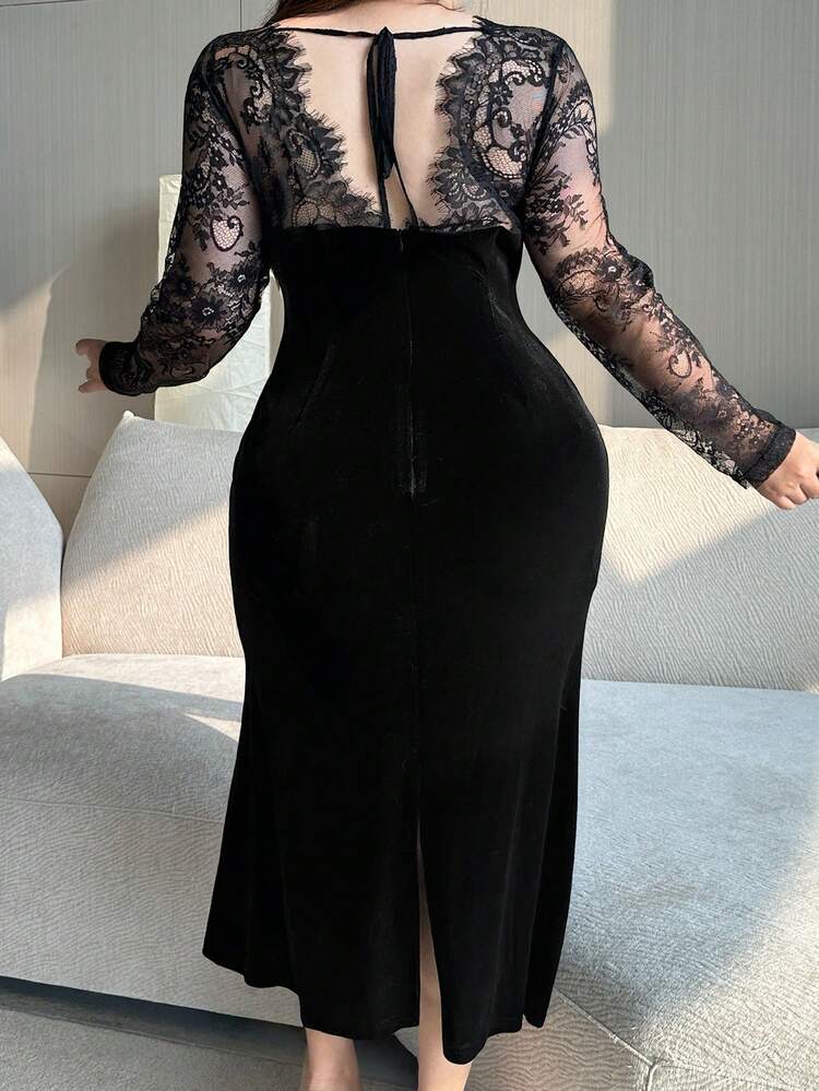 Dazy Plus Plus Size Women's Velvet Contrast Lace Bodycon Party Dress, Sexy & Stretchy For Dates Prom Dress Elegant Women Dresses Valentine's Day Dress
