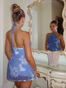 Glamine Charm 女士浪漫性感露背挂脖迷你连衣裙，夏季 - 藍色 - 查看 3