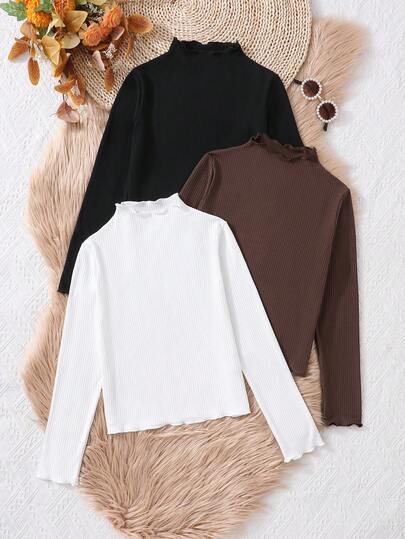 SHEIN 3 Stücke Mädchen Rippstrick Langarm T-Shirt Set Einfarbig, geeignet für Herbst, Frühling und Sommer