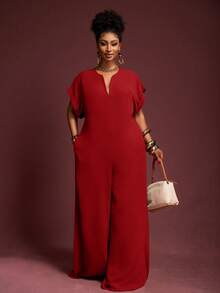 Veslaya 2025年新款复古优雅巧克力色V领短袖阔腿连体裤，大码女装，夏季 - 紅色 - 查看 5
