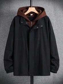 SHEIN Teen Boys' Casual Comfortable Versatile Color Block Hooded Jacket Fall Autumn And Winter Clothes Suitable For Commuting, School, Daily Casual, Vacation, Outdoor, College Party Bomber Jacket - Black - View 4