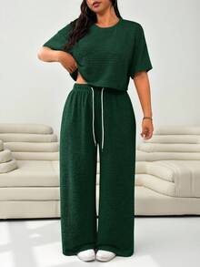 Solflare 2 chiếc/bộ áo cánh và quần dài màu xanh ô liu cho nữ cỡ lớn thường ngày - Màu xanh lá cây đậm - Xem 1