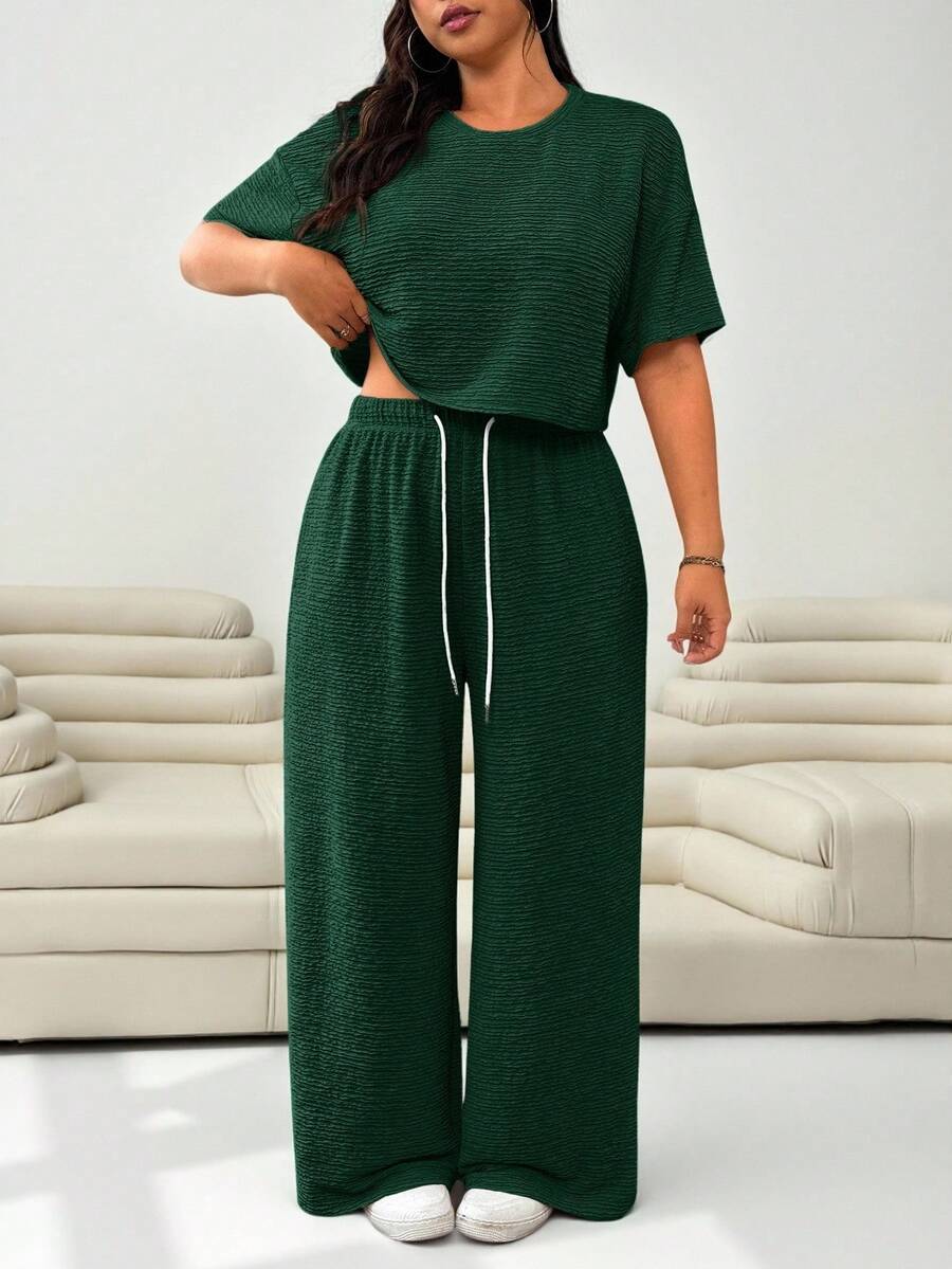 Solflare 2 chiếc/bộ áo cánh và quần dài màu xanh ô liu cho nữ cỡ lớn thường ngày - Màu xanh lá cây đậm - Xem 1