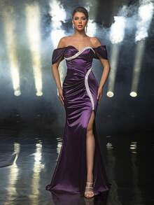 Glamrae Purple Luxurious Satin One-Shoulder Drop Sleeves Fishtail Dress,Elegant Hand-Stitched Floral Decoration Slit Pleated Formal Party Dinner Gown - Dark Purple - View 3