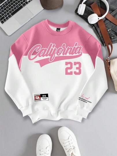 Manfinity Campus Court Sudadera casual holgada con cuello redondo, gráfico de letras y bloqueo de color, forrada térmicamente para hombres, sudadera rosa y blanca de otoño