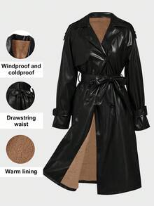 Ellevyn Women's Thermal Lined PU Leather Long Trench Coat, Autumn/Winter,Fall,Fall Clothes For Women - Black - View 6