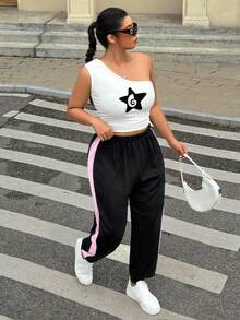 SHEIN EZwear 大码休闲日常拼色抽绳运动裤 - 彩色 - 查看 3