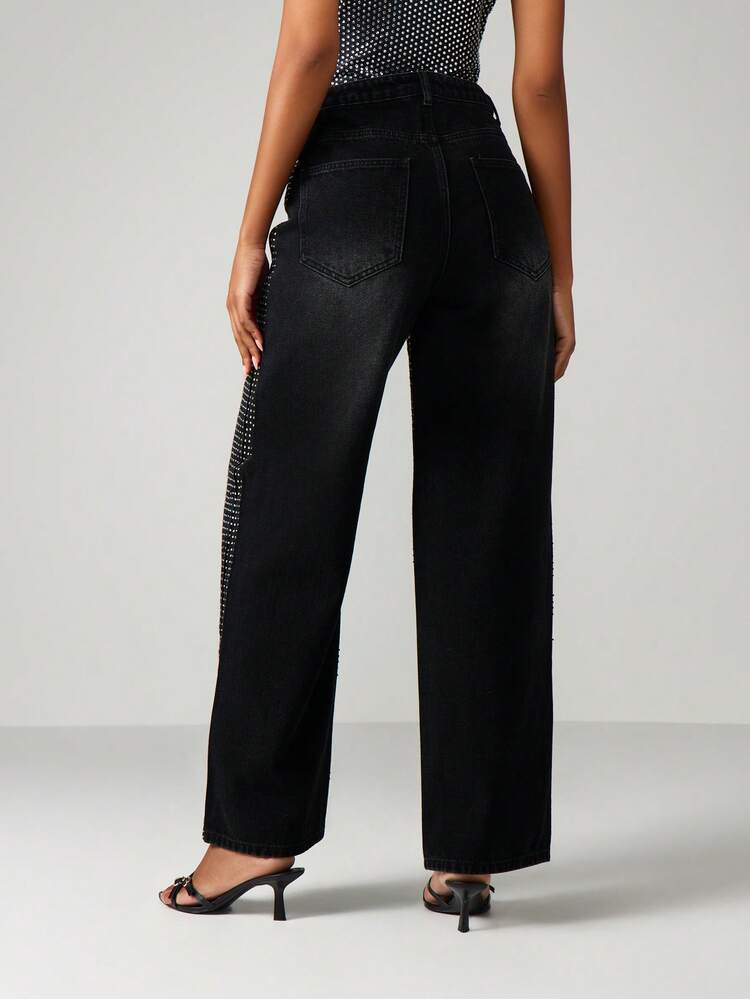 MISSGUIDED High Rise Wide Leg Diamante Embellished Jeans With All Over Sparkle Pattern For Evening Occasions
