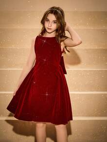 Tween Girl' 优雅酒红色天鹅绒无袖腰部收紧露背蝴蝶结可拆卸荷叶边下摆连衣裙，正式礼服 - 酒紅色 - 查看 1