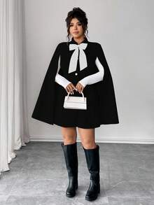 Elenzga Fashionable Casual French Retro Elegant Pearl Button Bow Cloak Overcoat