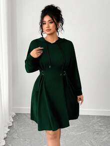 Elenzga Fashionable Casual Commuter Chic Comfortable Cinched Waist Hooded Dress - Dark Green - View 7