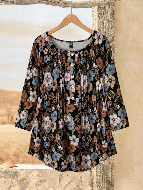 Rusticease Damen Große Größen Country Retro Rundhals, Kragen vorne, gestreifte Handwerkskunst, dekorative Knöpfe, Dreiviertel Ärmel Sommer Tops