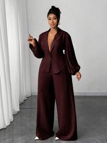 Maweii Plus Size Women Solid Color Lantern Sleeve Single-Breasted Jacket And Wide Leg Pants Casual 2 Pieces Set