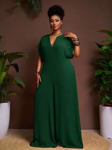 Veslaya 2025年新款复古优雅巧克力色V领短袖阔腿连体裤，大码女装，夏季 - 墨綠色 - 查看 11