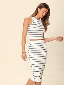 SHEIN LUNE Women's Summer Striped Round Neck Vest And Pencil Skirt Slim Elegant 2-Piece Set - Black and White - View 4