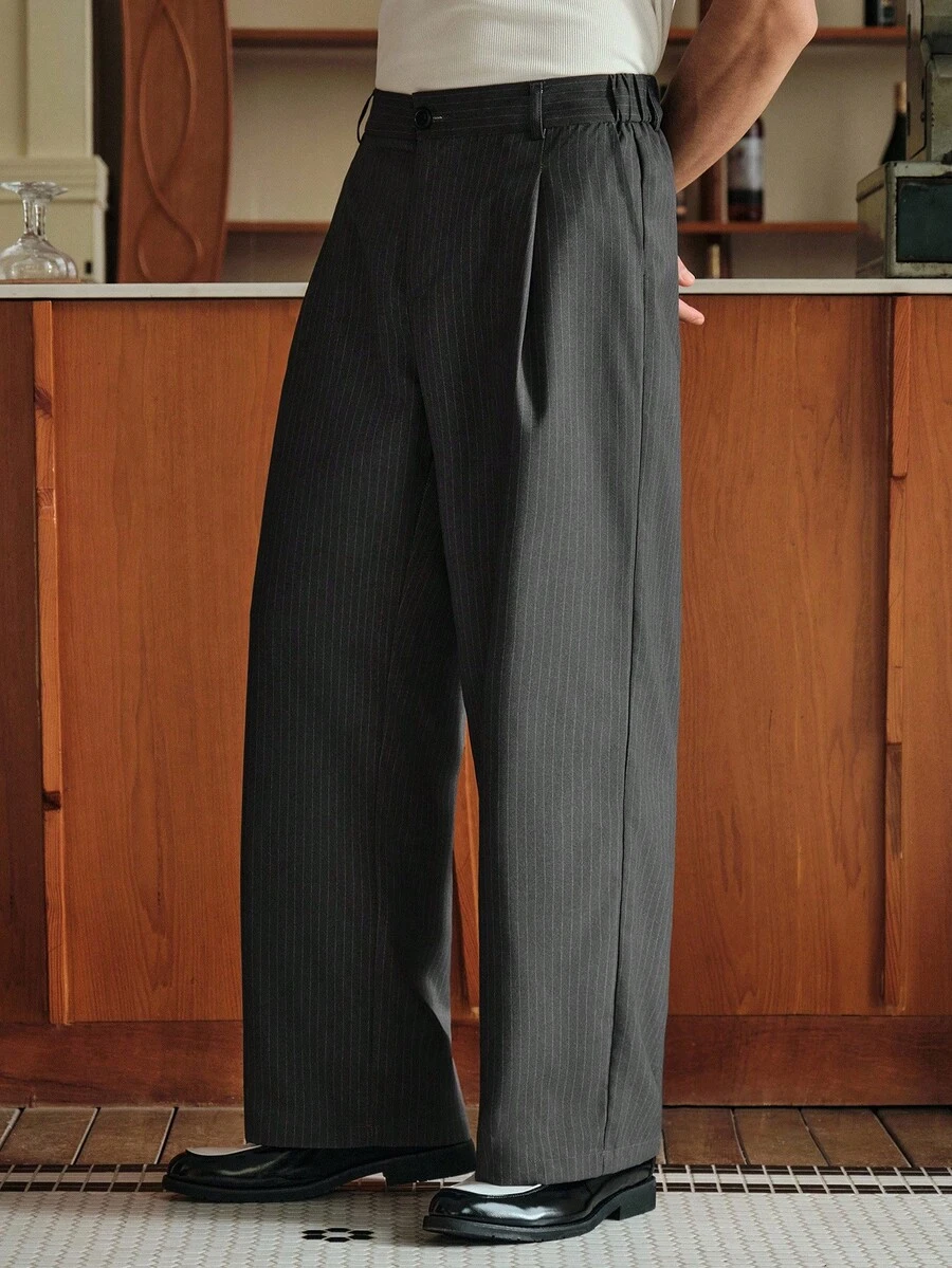 SWAVVY Pantalones de traje de negocios casuales con pliegues plegados e impresión a rayas para hombres