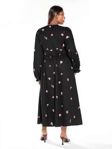 Solavibe Plus Size Fall/Winter Women's Casual Holiday Date Dress, Plus Size Fall/Winter Casual Vacation V-Neck Fitted A-Line Romantic Printed Women's Long-Sleeved Dress, Holiday Beach Dress, School Uniform, Very Simple Outfit, Women's Country Clothing, Office Attire, Old Money Attire, Teacher Attire, Date Attire, Graduation Season, Fall Women's Clothing, Plus Size Dress. - Multicolor - View 3