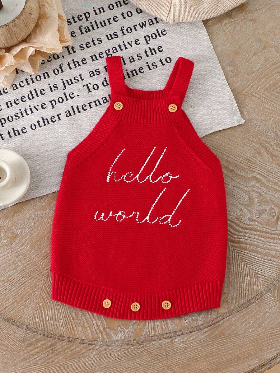 SHEIN Vintaside Kids 女婴字母图案纽扣设计休闲针织连体衣 - 紅色 - 查看 1