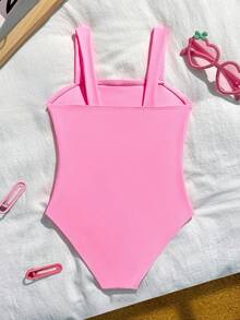 Young Girl Floral Cutout One-Piece Swimsuit, Beach Vacation Style, Summer Beachwear Kids One Piece Bathing Suit Full Piece Kids One Piece Bathing Suit Kids Kids Swimsuits Pink Swimsuit Kids Girl - Pink - View 2