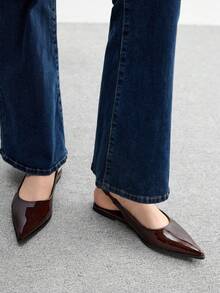 CUCCOO BIZCHIC Women's Simple Solid Color Pointed Toe Flats, Casual Commuter Basic Matching Coffee Color Backless Flat Shoes, Suitable For Workplace For Christmas Spring Shoes - Coffee Brown - View 3